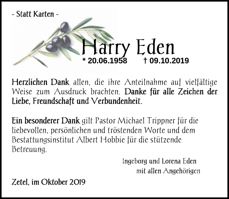  Traueranzeige für Harry Eden vom 21.10.2019 aus Nordwest-Zeitung