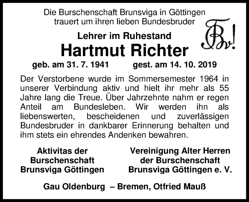  Traueranzeige für Hartmut Richter vom 19.10.2019 aus Nordwest-Zeitung
