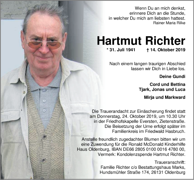  Traueranzeige für Hartmut Richter vom 19.10.2019 aus Nordwest-Zeitung