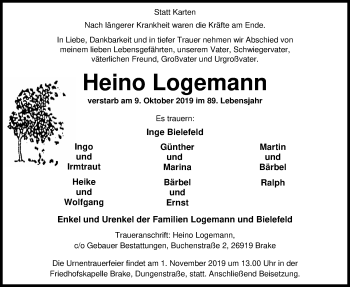 Traueranzeige von Heino Logemann von Nordwest-Zeitung