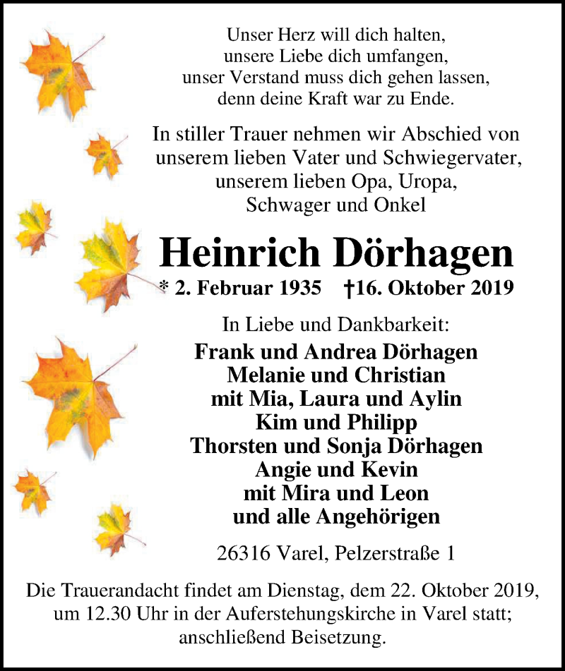  Traueranzeige für Heinrich Dörhagen vom 19.10.2019 aus Nordwest-Zeitung