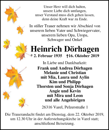 Traueranzeige von Heinrich Dörhagen von Nordwest-Zeitung