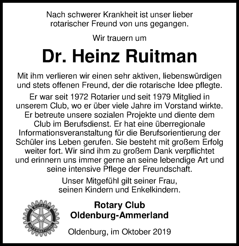  Traueranzeige für Dr. Heinz Ruitman vom 05.10.2019 aus Nordwest-Zeitung