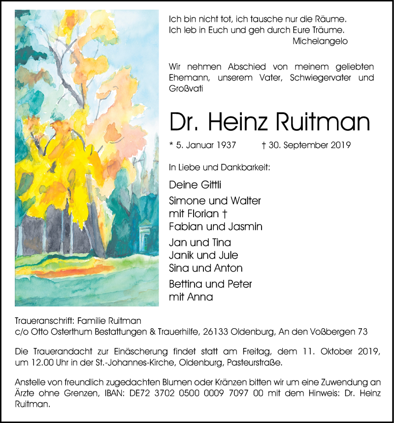  Traueranzeige für Dr. Heinz Ruitman vom 05.10.2019 aus Nordwest-Zeitung
