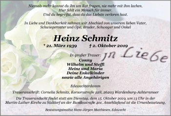 Traueranzeige von Heinz Schmitz von Nordwest-Zeitung