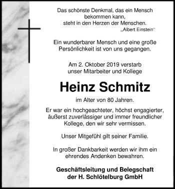 Traueranzeige von Heinz Schmitz von Nordwest-Zeitung