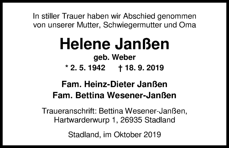  Traueranzeige für Helene Janßen vom 14.10.2019 aus Nordwest-Zeitung
