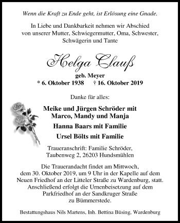 Traueranzeige von Helga Clauß von Nordwest-Zeitung