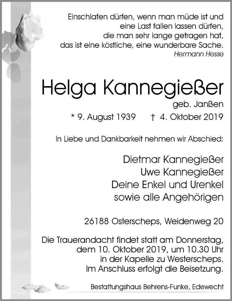  Traueranzeige für Helga Kannegießer vom 08.10.2019 aus Nordwest-Zeitung
