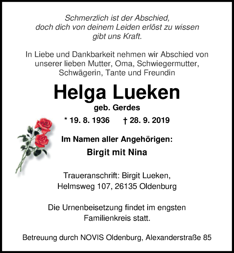  Traueranzeige für Helga Lueken vom 02.10.2019 aus Nordwest-Zeitung