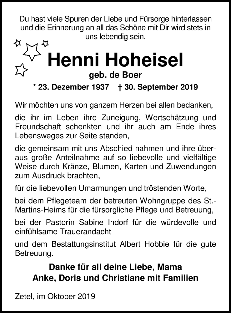  Traueranzeige für Henni Hoheisel vom 30.10.2019 aus Nordwest-Zeitung