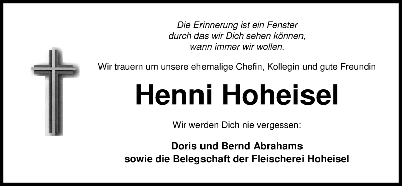  Traueranzeige für Henni Hoheisel vom 02.10.2019 aus Nordwest-Zeitung