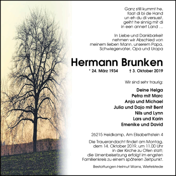 Traueranzeige von Hermann Brunken von Nordwest-Zeitung