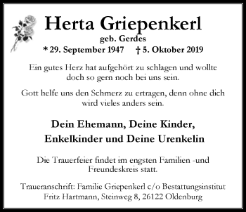 Traueranzeige von Herta Griepenkerl von Nordwest-Zeitung