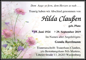 Traueranzeige von Hilda Claußen von Nordwest-Zeitung