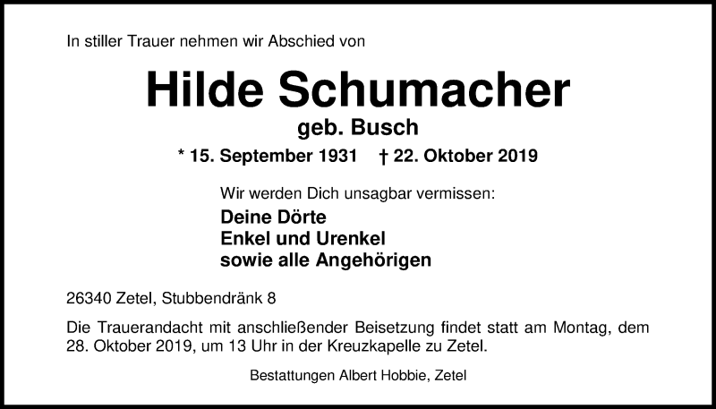  Traueranzeige für Hilde Schumacher vom 25.10.2019 aus Nordwest-Zeitung