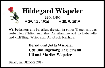 Traueranzeige von Hildegard Wispeler von Nordwest-Zeitung