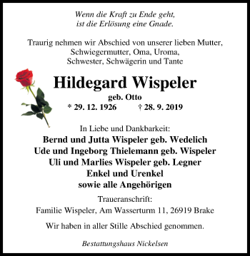 Traueranzeige von Hildegard Wispeler von Nordwest-Zeitung