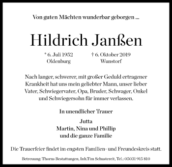 Traueranzeige von Hildrich Janßen von Nordwest-Zeitung
