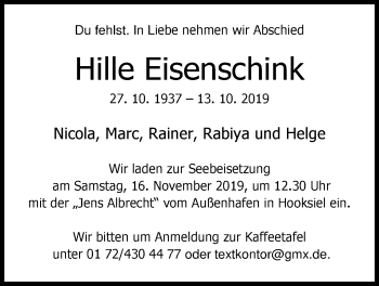 Traueranzeige von Hille Eisenschink von Nordwest-Zeitung