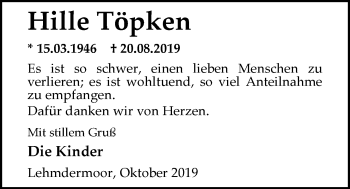 Traueranzeige von Hille Töpken von Nordwest-Zeitung