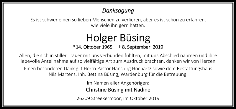  Traueranzeige für Holger Büsing vom 19.10.2019 aus Nordwest-Zeitung