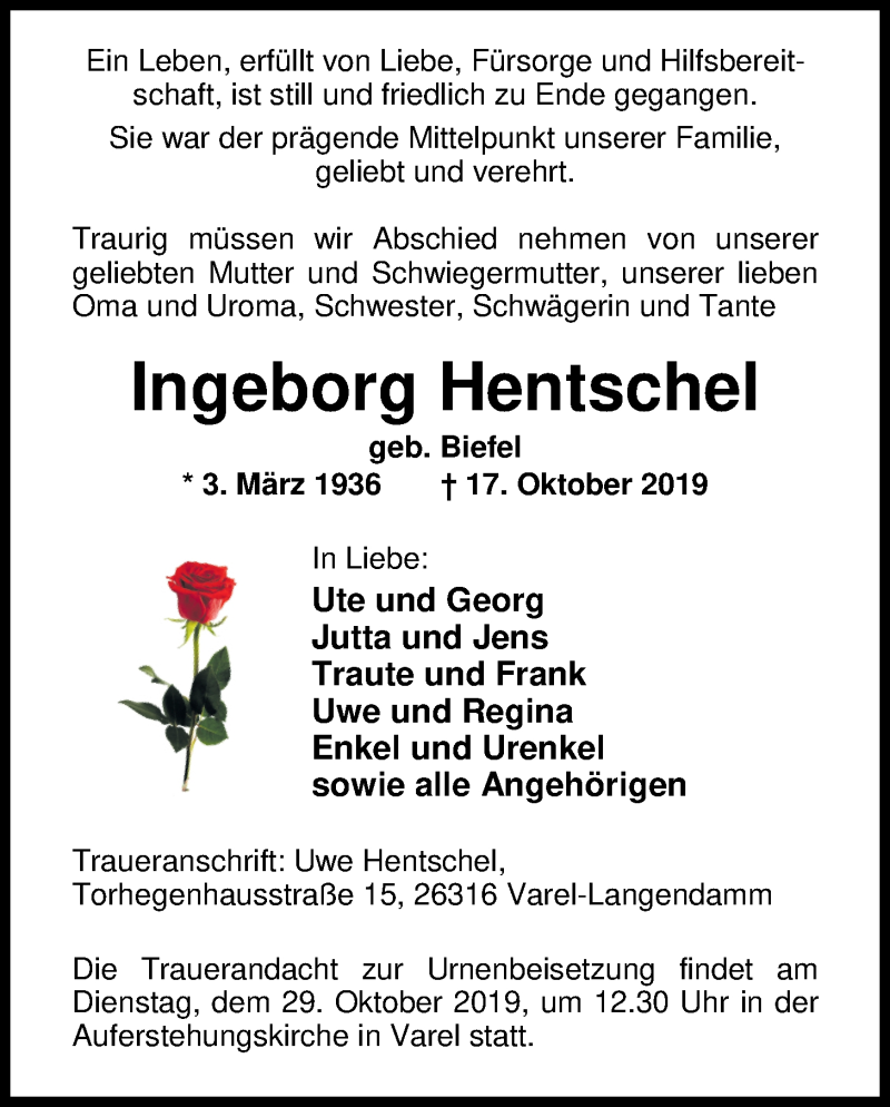  Traueranzeige für Ingeborg Hentschel vom 25.10.2019 aus Nordwest-Zeitung