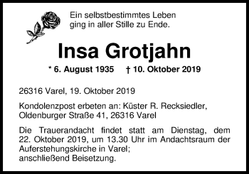 Traueranzeige von Insa Grotjahn von Nordwest-Zeitung