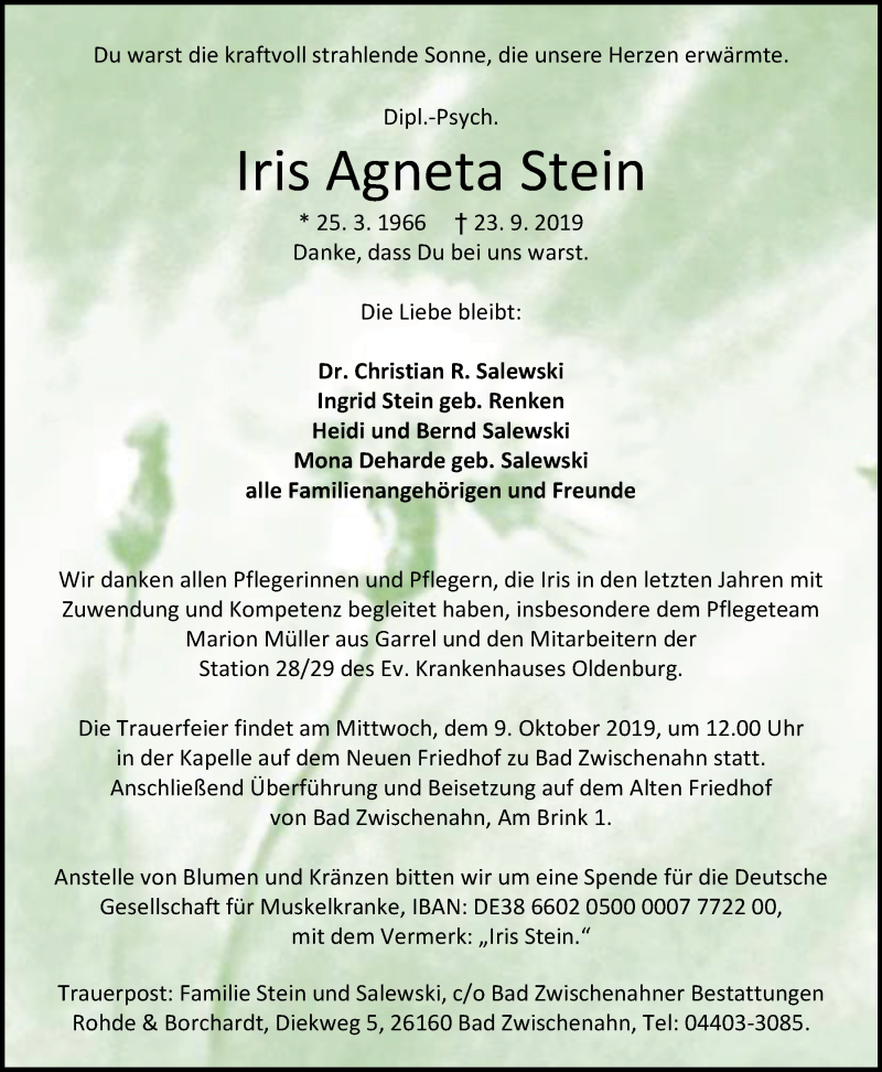  Traueranzeige für Iris Agneta Stein vom 02.10.2019 aus Nordwest-Zeitung