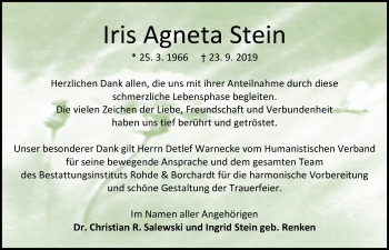 Traueranzeige von Iris Agneta Stein von Nordwest-Zeitung
