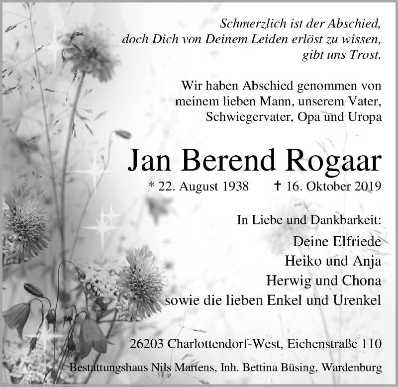  Traueranzeige für Jan Berend Rogaar vom 24.10.2019 aus Nordwest-Zeitung