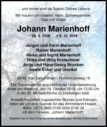 Traueranzeige von Johann Marienhoff von Nordwest-Zeitung