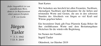 Traueranzeige von Jürgen Tasler von Nordwest-Zeitung