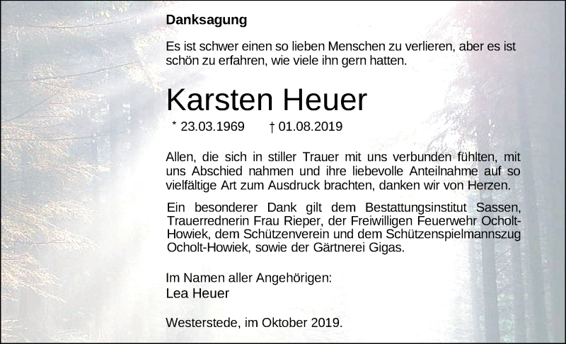  Traueranzeige für Karsten Heuer vom 14.10.2019 aus Nordwest-Zeitung