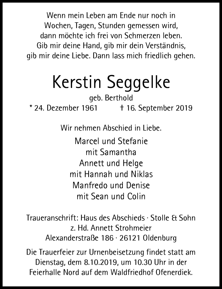  Traueranzeige für Kerstin Seggelke vom 04.10.2019 aus Nordwest-Zeitung