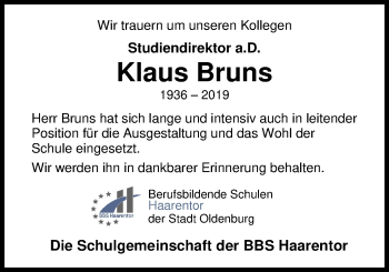 Traueranzeige von Klaus Bruns von Nordwest-Zeitung