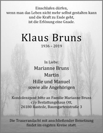 Traueranzeige von Klaus Bruns von Nordwest-Zeitung