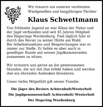 Traueranzeige von Klaus Schwettmann von Nordwest-Zeitung