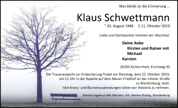 Traueranzeige von Klaus Schwettmann von Nordwest-Zeitung