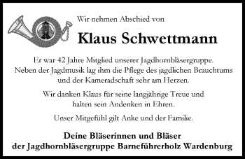 Traueranzeige von Klaus Schwettmann von Nordwest-Zeitung
