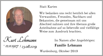 Traueranzeige von Kurt Lehmann von Nordwest-Zeitung