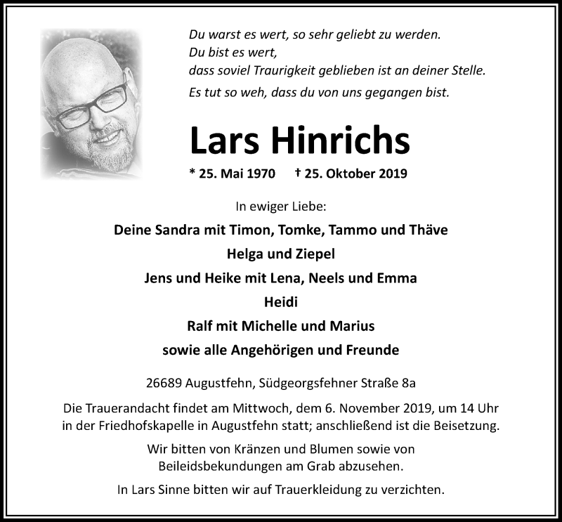  Traueranzeige für Lars Hinrichs vom 30.10.2019 aus Nordwest-Zeitung