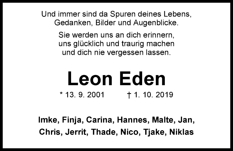  Traueranzeige für Leon Eden vom 09.10.2019 aus Nordwest-Zeitung