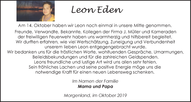  Traueranzeige für Leon Eden vom 26.10.2019 aus Nordwest-Zeitung