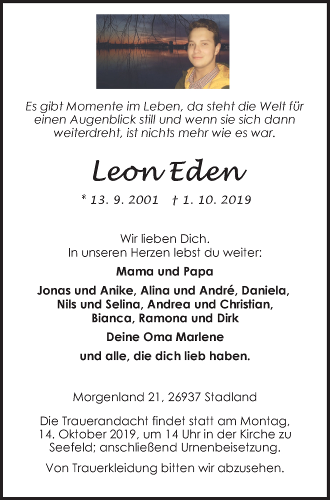  Traueranzeige für Leon Eden vom 05.10.2019 aus Nordwest-Zeitung