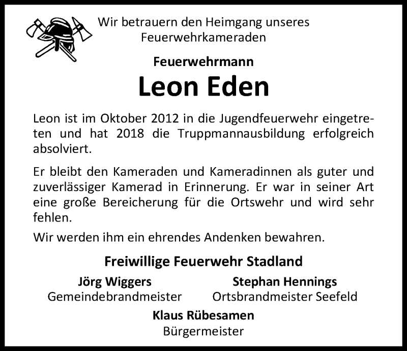  Traueranzeige für Leon Eden vom 10.10.2019 aus Nordwest-Zeitung