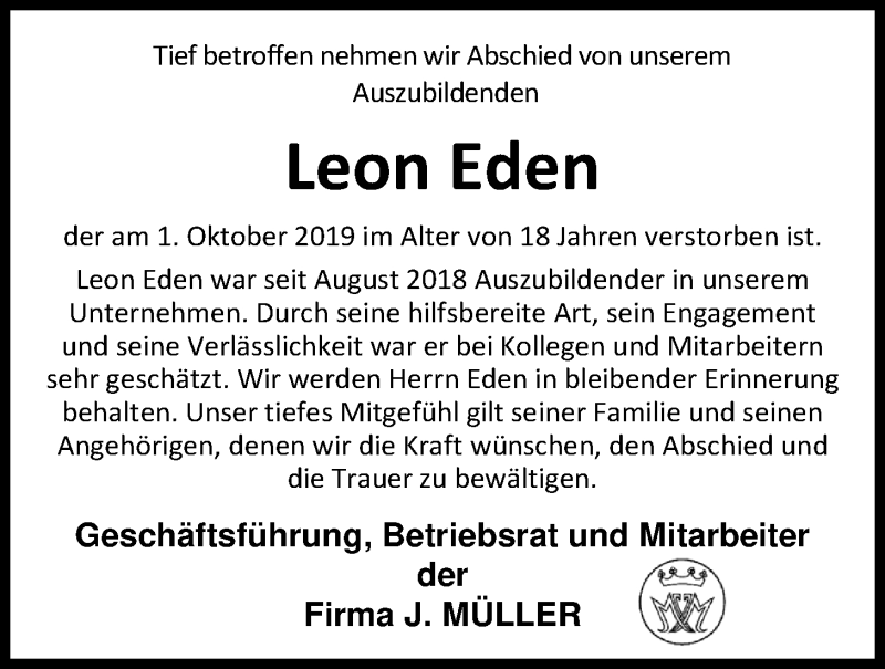  Traueranzeige für Leon Eden vom 08.10.2019 aus Nordwest-Zeitung