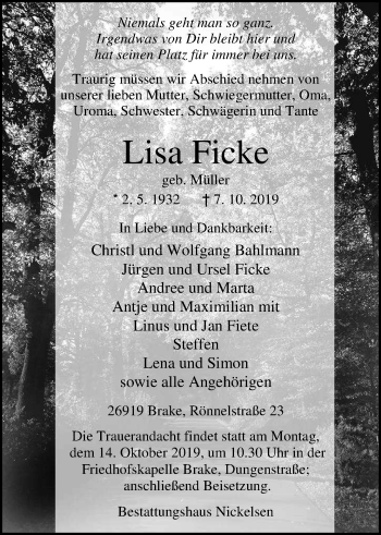 Traueranzeige von Lisa Ficke von Nordwest-Zeitung