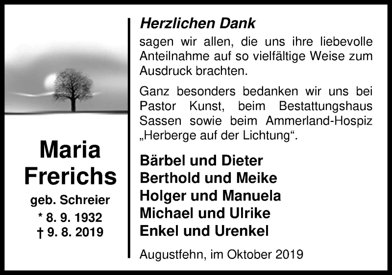  Traueranzeige für Maria Frerichs vom 05.10.2019 aus Nordwest-Zeitung