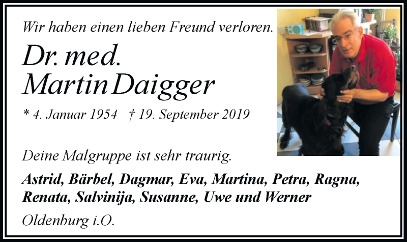  Traueranzeige für Martin Daigger vom 12.10.2019 aus Nordwest-Zeitung